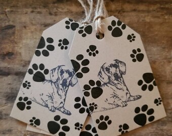 Rustic Hang Tag Dog Paw Prints Dachshund center Craft Supply set of 25 tags pre strung