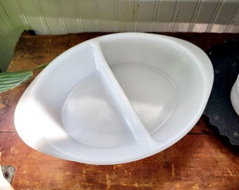 Vintage Glasbake Divided Vegetable Dish Milk Glass Ovenware Retro White Glass Serving Dish Mid-Century Bakeware Glasbake USA