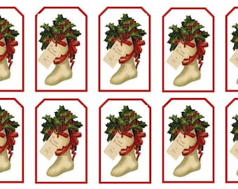 Vintage Stocking Christmas Gift Tags Printable Holiday Tag Digital Download Classic Festive Gift-Wrapping Set of 10