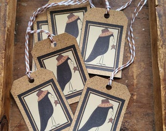 Country Farmhouse gift tag Primitive Crow Straw Hat Barn Star hang tag craft tag set of 18 pre strung