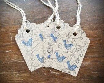 Rustic Chic Three Blue Birds Hang tag swirl background Paper craft supply set of 25 tags pre strung