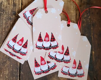 Christmas Gnome Santa Gift tags pre strung red ribbon set of 12