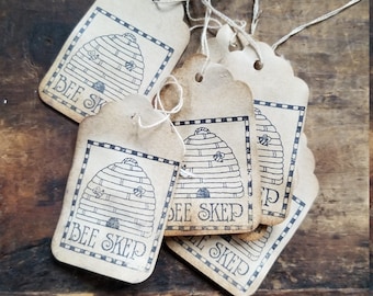 Bee Skep Rustic gift tag Farmhouse Beehive Hang tag craft supply set of 25 pre strung