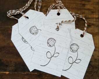 Rustic Hang Tag Art Deco Rose single stem Gift tags Craft Supply set of 25 pre strung
