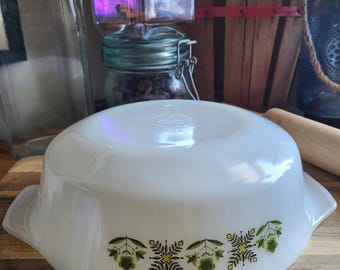 Vintage Fire-King 1.5 Qt Casserole Dish Anchor Hocking Green Meadow Pattern Mid-Century Milk Glass Bakeware Retro Kitchen Collectible