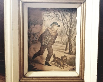 Vintage Paint on Canvas All Wood Frame Boy with Dog Walk to School