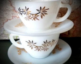 Vintage Federal Glass milk glass Tea Cup Saucer set of two Golden Glory