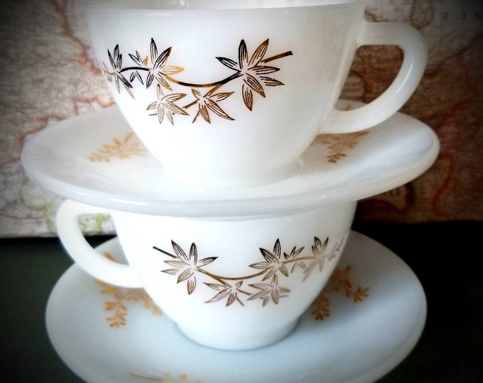 Featured listing image: Vintage Federal Glass milk glass Tea Cup Saucer set of two Golden Glory