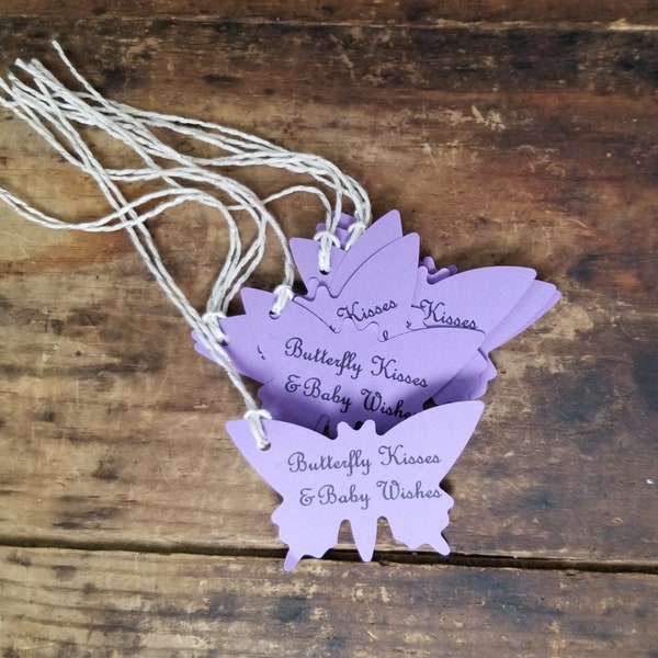 Butterfly Kisses and Baby Wishes Gift tag Shower craft tags set of 16 pre strung Purple Butterfly shape