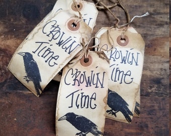 Primitive Hang tag Crowin Time Gift tag Black Farmhouse Raven Craft supply set of 25 pre strung
