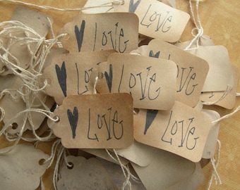 Rustic Love with Heart Hang tag folk art Gift tag set of 25 pre strung craft supply