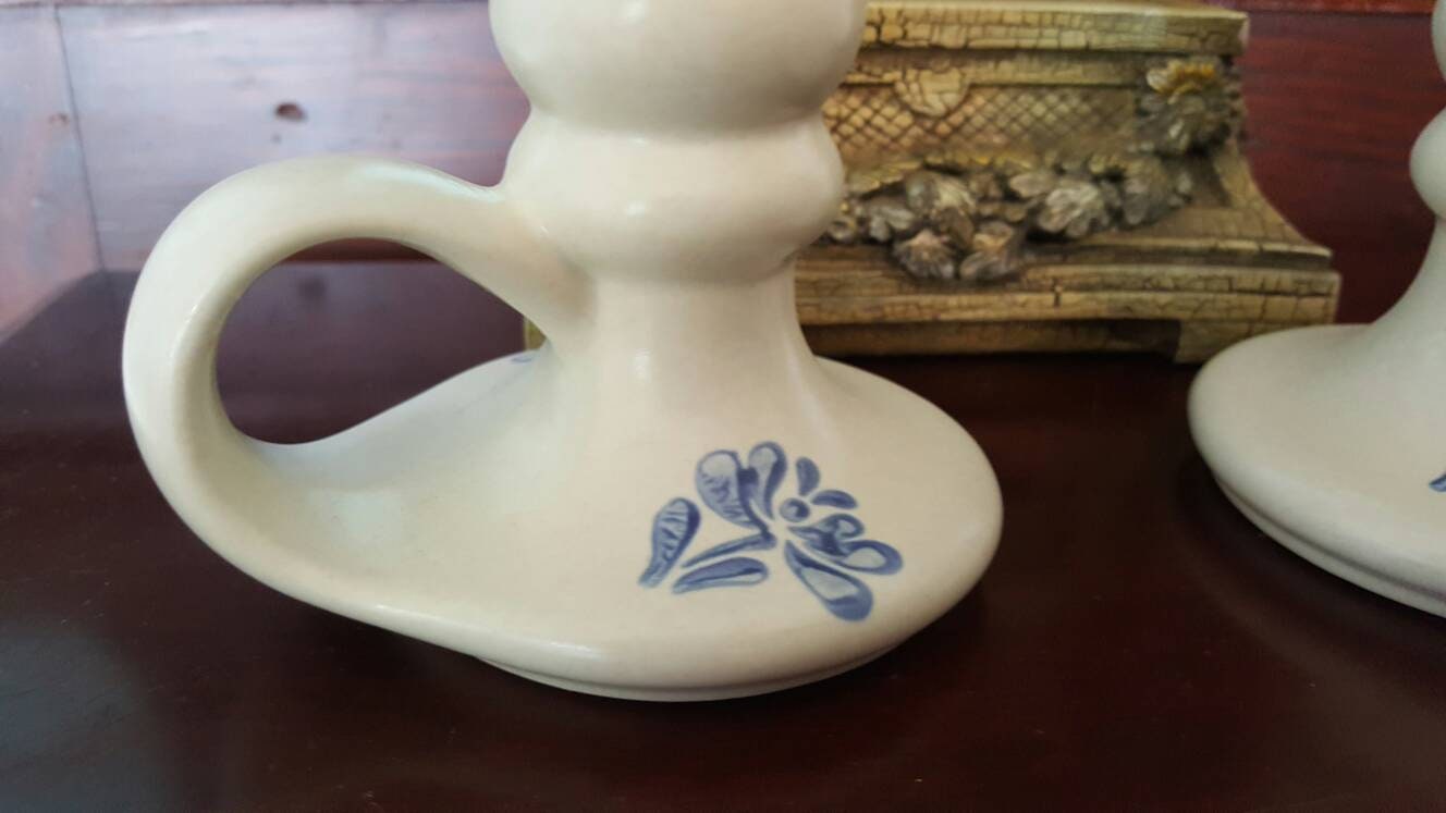 Pfaltzgraff Candlestick holders ceramic pair Blue flower