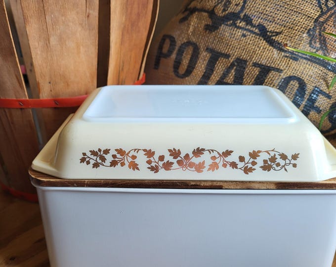 Featured listing image: Vintage Pyrex Oblong Casserole Dish Golden Acorn Pattern Mid-Century Bakeware Golden Acorn on Ivory 1.25 Qt. Retro Kitchenware
