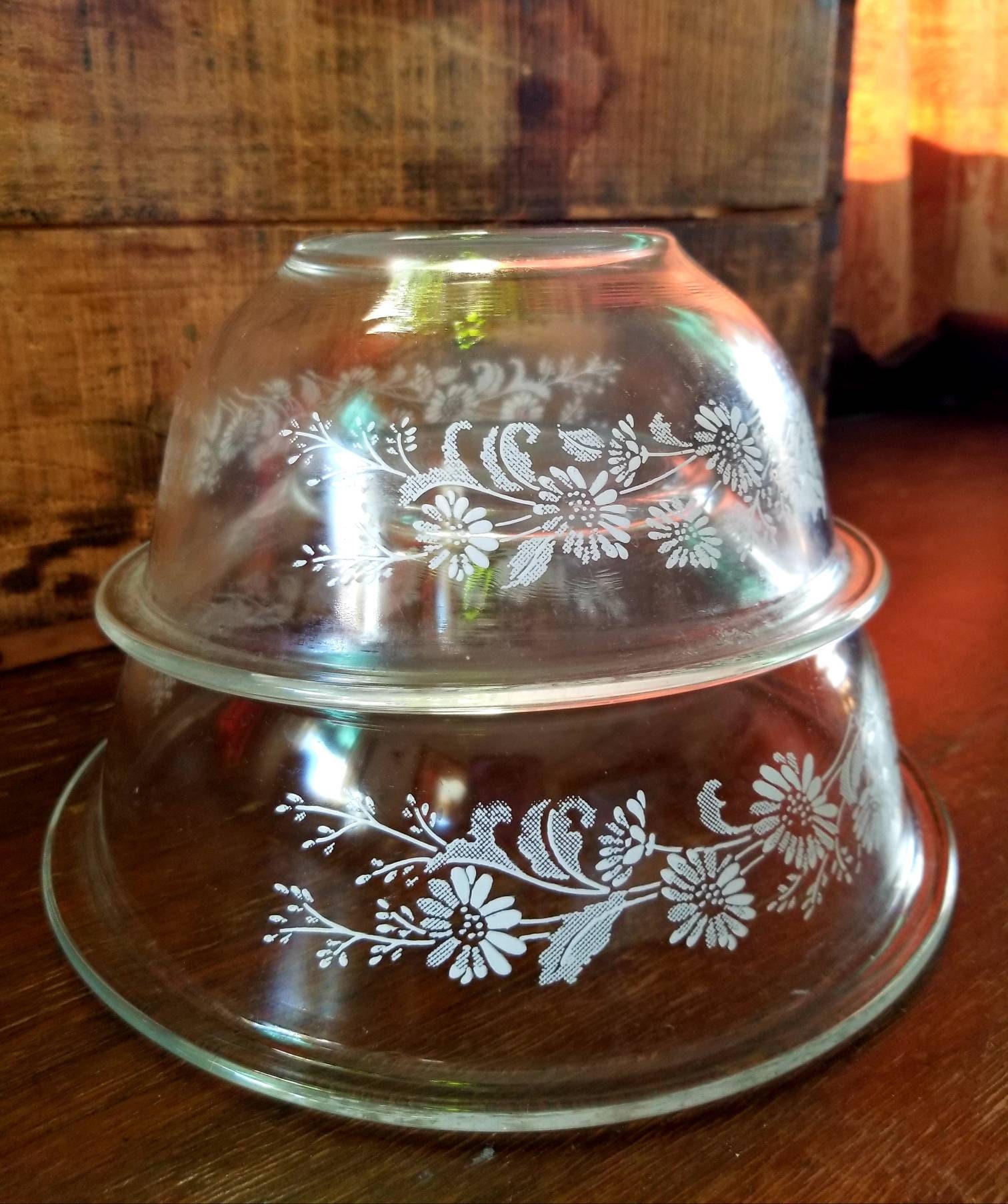Vintage Pyrex Nesting Bowl Pair Broiler Mixing Bowls Clear Glass White