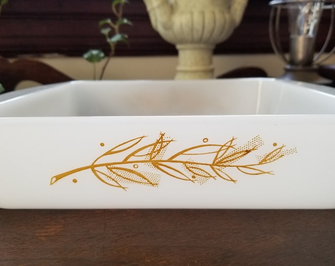 Featured listing image: Glasbake square Cake Pan Baking Dish Golden Wheat Vintage Casserole