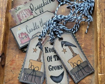 Primitive Hang Tag Set Crow Raggedy Doll with Grungy Candle  Folk Art Rustic Gift Tags Country Farmhouse Packaging & Décor Barn Star Pear