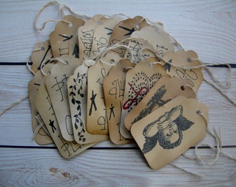 Primitive Hang Tag  Mixed set of 25 Farmhouse Inspire word art Rustic Gift tags Angels Willows Craft supply pre strung