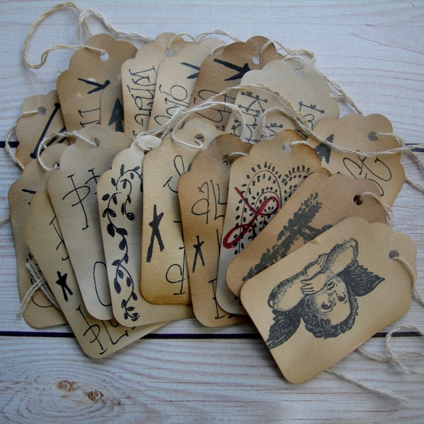 Primitive Hang Tag  Mixed set of 25 Farmhouse Inspire word art Rustic Gift tags Angels Willows Craft supply pre strung