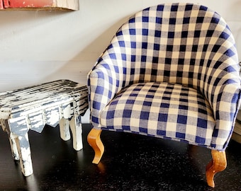 Dollhouse Furniture Rustic Farmhouse Blue check gingham fabric Wing back Chair Chippy paint side Table