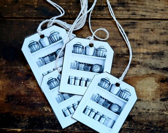 Vintage style Hang tag Antique tins on shelf still life Craft Supply Set of 18 Pre-Stung
