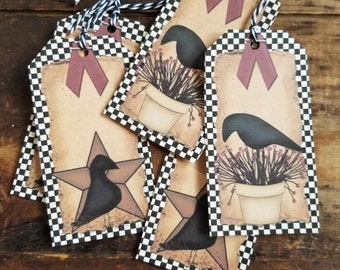 Primitive Farmhouse Black Check Border Hang tags Crow Barn Star Gift tag set of 25 Craft supply pre strung