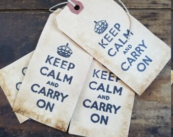 Rustic Hang Tags  Keep Calm and Carry On with Crown Gift tag Craft Supply set of 25 Pre Strung