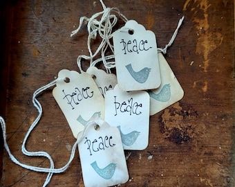 Rustic Hang Tag Set Peace with Dove Primitive Country Gift Tags, Farmhouse Wedding Favor Packaging