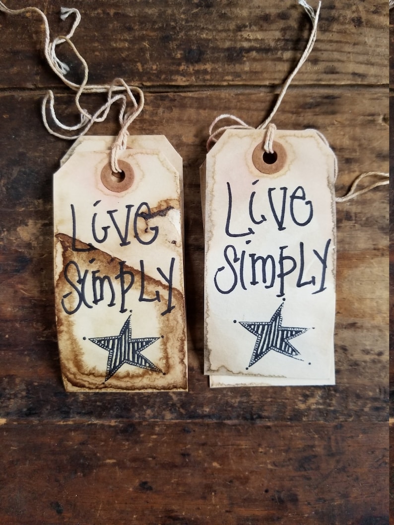 Rustic Hang Tag Live Simply Barn star Gift Tag primitive craft set of 25 tags pre strung Craft supply image 2