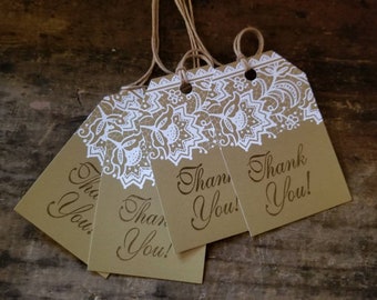 Rustic Elegance Hang Tag White Lace print Thank You Gift tags DIY Craft Supply set of 25 tags pre strung