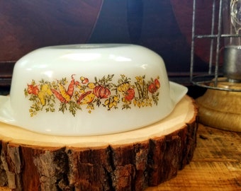 Vintage Fire King Casserole Dish Harvest Vegetable pattern milk glass white Baking Dish 1 quart