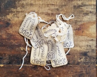 Primitive Willow Tree Dream Faith Believe Hope Love Rustic Gift tag Craft supply set 25 Pre strung