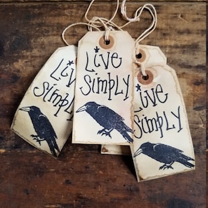Primitive Hang Tags Set Live Simply Crow Grungy Aged Gift Tags for Crafts Rustic Packaging Farmhouse Decor Vintage Style Ephemera