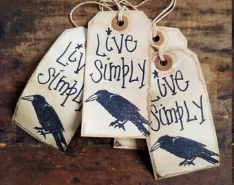 Primitive Hang Tags Set Live Simply Crow Grungy Aged Gift Tags for Crafts Rustic Packaging Farmhouse Decor Vintage Style Ephemera