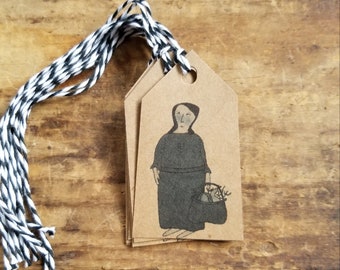 Kraft Rustic Farmhouse Primitive drab Going to Market Lady with Basket Hang tag Gift tag Craft supply 12 Tags
