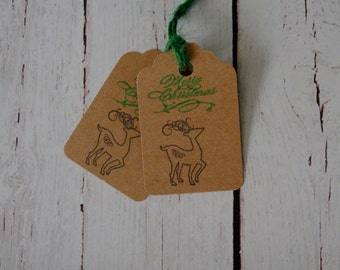 Country Rustic Christmas Holiday Hang Tag Gift tag Craft supply  Merry Christmas script Reindeer Kraft set 25 Tags