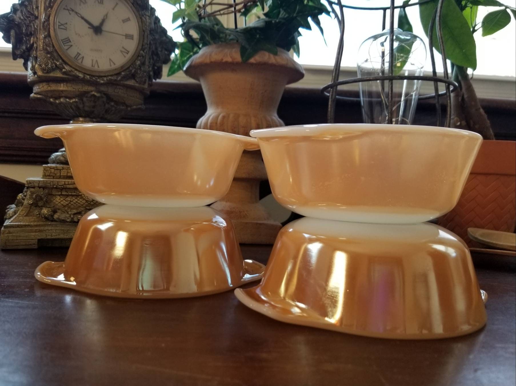 Fire King Peach Lustre Bowls Glass Cookware set of four Anchor Hocking
