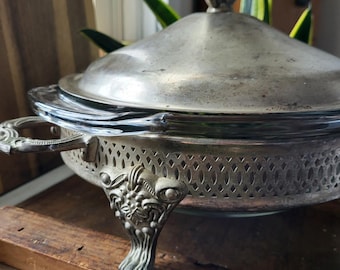 Vintage Anchor Hocking Casserole Glass Dish International Silver Footed Silverplate Holder with Lid Serving