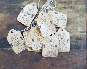 Primitive Hang Tag Ewe are Loved Rustic Craft Supply set of 25 tags pre strung