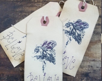 Rustic Hang Tag Purple Fairy Believe Gift Tag primitive craft set of 25 tags pre strung Craft supply