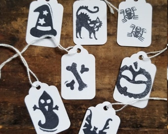Spooky Halloween Hang tags Ghost Black cat Witch hat Black and White Gift tags Set of 25 Craft supply Pre strung