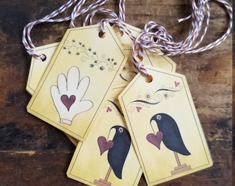 Primitive Hang tags Crow Heart and Hand Sunflower vine gift tags set of 25 Craft supply pre strung