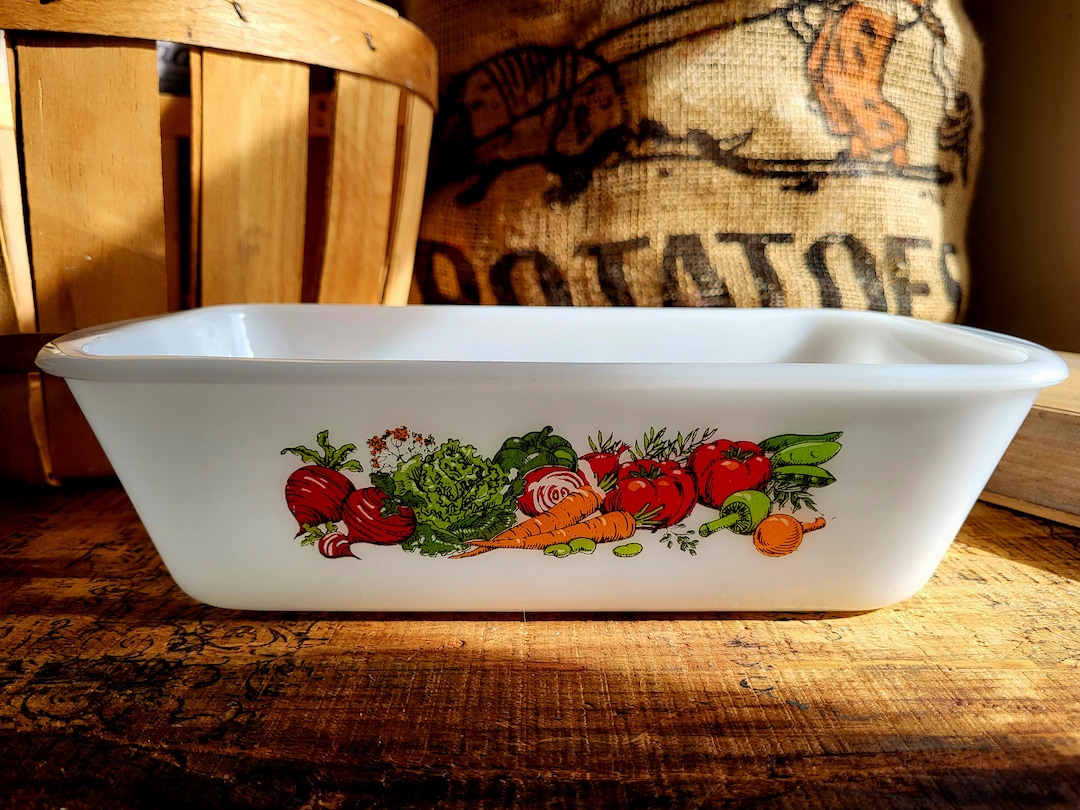 Vintage Glasbake Loaf Pan Baking Ovenware Vegetable Medley