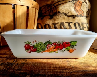 Vintage Glasbake Loaf Pan Jeanette Glass Milk Glass Bread Pan Vegetable Medley Pattern Retro Kitchen Bakeware Mid-Century Kitchen