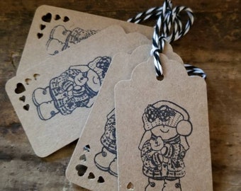 Primitive Hang Tag Girl with her Bear Heart cut outs Kraft  set of 25 tags pre strung