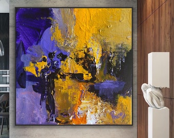 ORIGINAL peinture abstraite jaune violet art moderne bleu art contemporain art mural sur toile bleu jaune immense art contemporain déco Hope 5