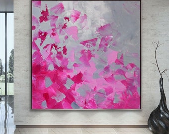 Original Large Acrylic square Art pink Modern Painting Wall Art on Canvas light gray pink 96inch magenta Huge contemporary art celebration