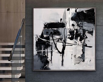Large abstract black and white painting for modern interiors wall decors- Made to Order- 72x72 Inches  Black Gray White  - Artwork Crazy 1