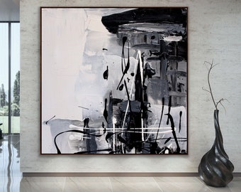 Large black white abstract painting on canvas, Made to Order- 72x72 Inches wall art decor minimal modern Black Gray White - Artwork Crazy 3