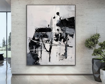 Original Large Acrylic Canvas Wall Art black white Modern Painting Wall Artwork on Canvas gray black Huge contemporary art decor - Crazy 1