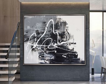 72x60 inches Original Handmade Large Black Gray White - Black wall decor artwork- Made to order- 6 feet wall art- Artwork Stronger -Freeship